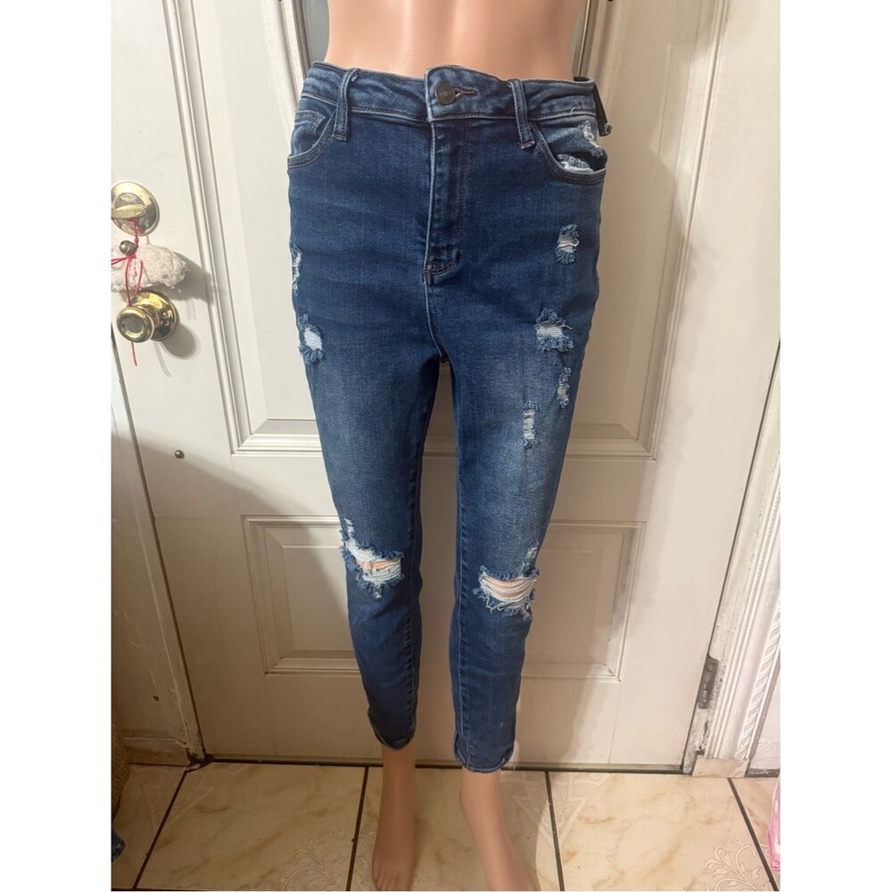 Women’s Wax Jean Distressed Skinny Jeans in Dark Blue size 13/31